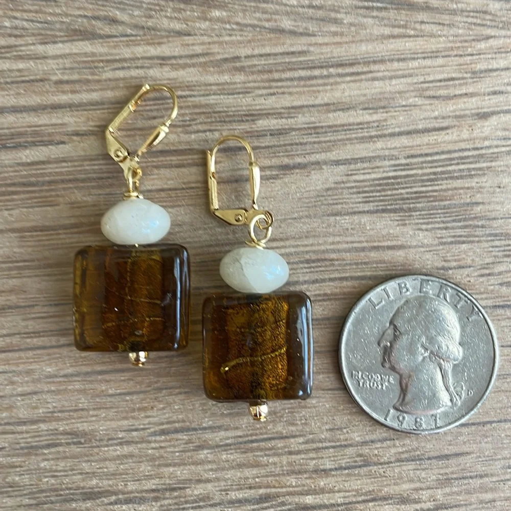 HAND CRAFTED EARRINGS Brown Dichroic Glass White Calcite
